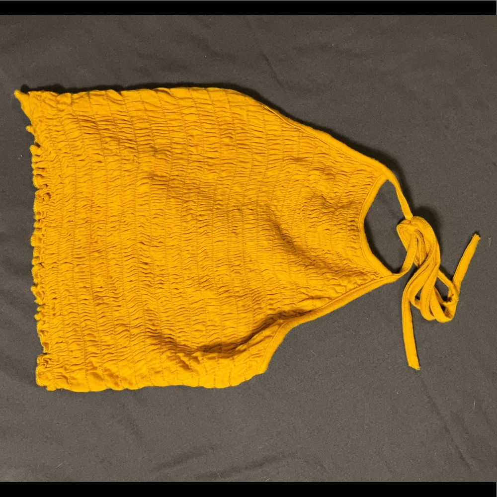 Yellow scrunch halter cropped tank top
